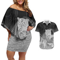 New Zealand Aotearoa Ruru Couples Matching Off Shoulder Short Dress and Hawaiian Shirt Maori Fern Art Black
