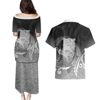 New Zealand Aotearoa Ruru Couples Matching Puletasi and Hawaiian Shirt Maori Fern Art Black