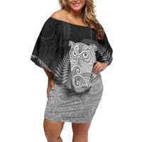 New Zealand Aotearoa Ruru Off Shoulder Short Dress Maori Fern Art Black