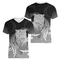 New Zealand Aotearoa Ruru Women V-Neck T-Shirt Maori Fern Art Black LT05 - Polynesian Pride