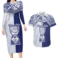 Personalised Northern Mariana Islands And Guam Couples Matching Long Sleeve Bodycon Dress and Hawaiian Shirt Latte Stone With Tribal Pattern