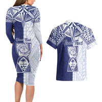 Personalised Northern Mariana Islands And Guam Couples Matching Long Sleeve Bodycon Dress and Hawaiian Shirt Latte Stone With Tribal Pattern