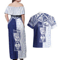 Personalised Northern Mariana Islands And Guam Couples Matching Off Shoulder Maxi Dress and Hawaiian Shirt Latte Stone With Tribal Pattern