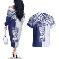 Personalised Northern Mariana Islands And Guam Couples Matching Off The Shoulder Long Sleeve Dress and Hawaiian Shirt Latte Stone With Tribal Pattern