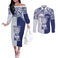 Personalised Northern Mariana Islands And Guam Couples Matching Off The Shoulder Long Sleeve Dress and Long Sleeve Button Shirt Latte Stone With Tribal Pattern