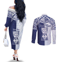 Personalised Northern Mariana Islands And Guam Couples Matching Off The Shoulder Long Sleeve Dress and Long Sleeve Button Shirt Latte Stone With Tribal Pattern
