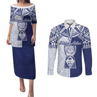 Personalised Northern Mariana Islands And Guam Couples Matching Puletasi and Long Sleeve Button Shirt Latte Stone With Tribal Pattern