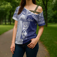 Personalised Northern Mariana Islands And Guam Cross Shoulder Shirt Latte Stone With Tribal Pattern