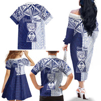 Personalised Northern Mariana Islands And Guam Family Matching Off The Shoulder Long Sleeve Dress and Hawaiian Shirt Latte Stone With Tribal Pattern