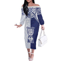 Personalised Northern Mariana Islands And Guam Family Matching Off The Shoulder Long Sleeve Dress and Hawaiian Shirt Latte Stone With Tribal Pattern