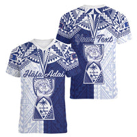 Personalised Northern Mariana Islands And Guam Women V-Neck T-Shirt Latte Stone With Tribal Pattern