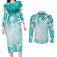 Polynesian Jellyfish Couples Matching Long Sleeve Bodycon Dress and Long Sleeve Button Shirt With Plumeria Teal