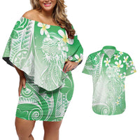 Polynesian Jellyfish Couples Matching Off Shoulder Short Dress and Hawaiian Shirt With Plumeria Green