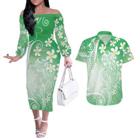Polynesian Jellyfish Couples Matching Off The Shoulder Long Sleeve Dress and Hawaiian Shirt With Plumeria Green LT05 Green - Polynesian Pride