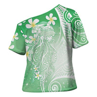 Polynesian Jellyfish Cross Shoulder Shirt With Plumeria Green