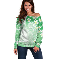 Polynesian Jellyfish Off Shoulder Sweater With Plumeria Green