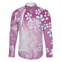 Polynesian Jellyfish Family Matching Off The Shoulder Long Sleeve Dress and Hawaiian Shirt With Plumeria Pink LT05 Dad's Shirt - Long Sleeve Pink - Polynesian Pride