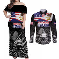 American Samoa Flag Day Couples Matching Off Shoulder Maxi Dress and Long Sleeve Button Shirt Bald Eagle With Polynesian Pattern