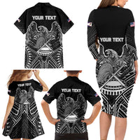 American Samoa Flag Day Family Matching Long Sleeve Bodycon Dress and Hawaiian Shirt Bald Eagle With Polynesian Pattern