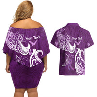 Personalised Fibromyalgia Awareness Couples Matching Off Shoulder Short Dress and Hawaiian Shirt Polynesian Purple Ribbon LT05 - Polynesian Pride