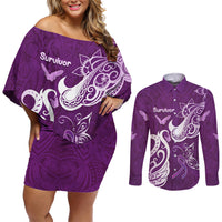 Personalised Fibromyalgia Awareness Couples Matching Off Shoulder Short Dress and Long Sleeve Button Shirt Polynesian Purple Ribbon LT05 Purple - Polynesian Pride