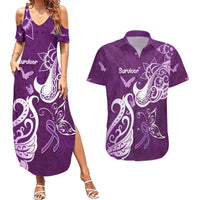 Personalised Fibromyalgia Awareness Couples Matching Summer Maxi Dress and Hawaiian Shirt Polynesian Purple Ribbon LT05 Purple - Polynesian Pride