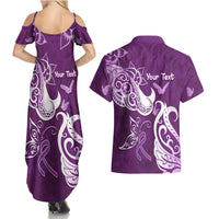 Personalised Fibromyalgia Awareness Couples Matching Summer Maxi Dress and Hawaiian Shirt Polynesian Purple Ribbon LT05 - Polynesian Pride