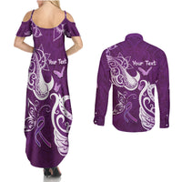 Personalised Fibromyalgia Awareness Couples Matching Summer Maxi Dress and Long Sleeve Button Shirt Polynesian Purple Ribbon