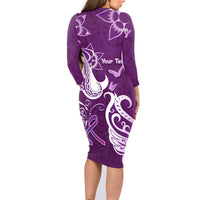 Personalised Fibromyalgia Awareness Family Matching Long Sleeve Bodycon Dress and Hawaiian Shirt Polynesian Purple Ribbon