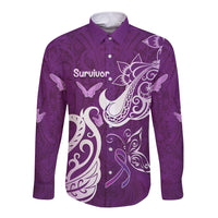 Personalised Fibromyalgia Awareness Long Sleeve Button Shirt Polynesian Purple Ribbon