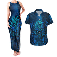 New Zealand Dream Catcher Couples Matching Tank Maxi Dress and Hawaiian Shirt Maori Koru Pattern Blue Version