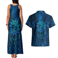 New Zealand Dream Catcher Couples Matching Tank Maxi Dress and Hawaiian Shirt Maori Koru Pattern Blue Version