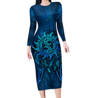 New Zealand Dream Catcher Family Matching Long Sleeve Bodycon Dress and Hawaiian Shirt Maori Koru Pattern Blue Version LT05 Mom's Dress Blue - Polynesian Pride