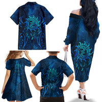 New Zealand Dream Catcher Family Matching Off The Shoulder Long Sleeve Dress and Hawaiian Shirt Maori Koru Pattern Blue Version