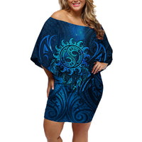 New Zealand Dream Catcher Family Matching Off Shoulder Short Dress and Hawaiian Shirt Maori Koru Pattern Blue Version LT05 Mom's Dress Blue - Polynesian Pride