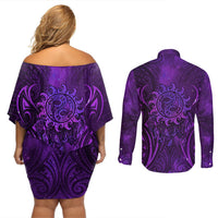 New Zealand Dream Catcher Couples Matching Off Shoulder Short Dress and Long Sleeve Button Shirt Maori Koru Pattern Purple Version LT05 - Polynesian Pride