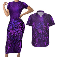 New Zealand Dream Catcher Couples Matching Short Sleeve Bodycon Dress and Hawaiian Shirt Maori Koru Pattern Purple Version LT05 Purple - Polynesian Pride