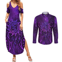 New Zealand Dream Catcher Couples Matching Summer Maxi Dress and Long Sleeve Button Shirt Maori Koru Pattern Purple Version LT05 Purple - Polynesian Pride