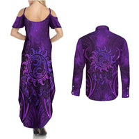 New Zealand Dream Catcher Couples Matching Summer Maxi Dress and Long Sleeve Button Shirt Maori Koru Pattern Purple Version LT05 - Polynesian Pride