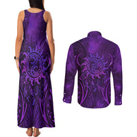 New Zealand Dream Catcher Couples Matching Tank Maxi Dress and Long Sleeve Button Shirt Maori Koru Pattern Purple Version