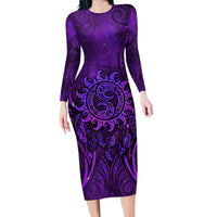 New Zealand Dream Catcher Family Matching Long Sleeve Bodycon Dress and Hawaiian Shirt Maori Koru Pattern Purple Version LT05 Mom's Dress Purple - Polynesian Pride