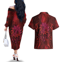 New Zealand Dream Catcher Couples Matching Off The Shoulder Long Sleeve Dress and Hawaiian Shirt Maori Koru Pattern Red Version
