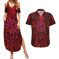 New Zealand Dream Catcher Couples Matching Summer Maxi Dress and Hawaiian Shirt Maori Koru Pattern Red Version