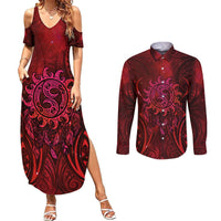 New Zealand Dream Catcher Couples Matching Summer Maxi Dress and Long Sleeve Button Shirt Maori Koru Pattern Red Version