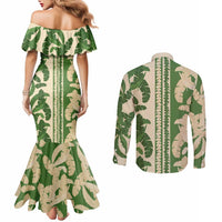 Hawaii Pua Kenikeni Lei Couples Matching Mermaid Dress and Long Sleeve Button Shirt With Lau Maia Green LT05 - Polynesian Pride