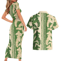 Hawaii Pua Kenikeni Lei Couples Matching Short Sleeve Bodycon Dress and Hawaiian Shirt With Lau Maia Green LT05 - Polynesian Pride