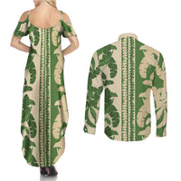 Hawaii Pua Kenikeni Lei Couples Matching Summer Maxi Dress and Long Sleeve Button Shirt With Lau Maia Green