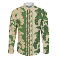 Hawaii Pua Kenikeni Lei Family Matching Off The Shoulder Long Sleeve Dress and Hawaiian Shirt With Lau Maia Green LT05 Dad's Shirt - Long Sleeve Green - Polynesian Pride