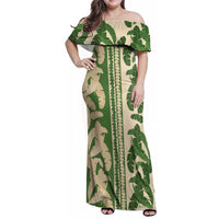 Hawaii Pua Kenikeni Lei Family Matching Off Shoulder Maxi Dress and Hawaiian Shirt With Lau Maia Green LT05 Mom's Dress Green - Polynesian Pride