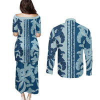 Hawaii Pua Kenikeni Lei Couples Matching Puletasi and Long Sleeve Button Shirt With Lau Maia Royal Blue
